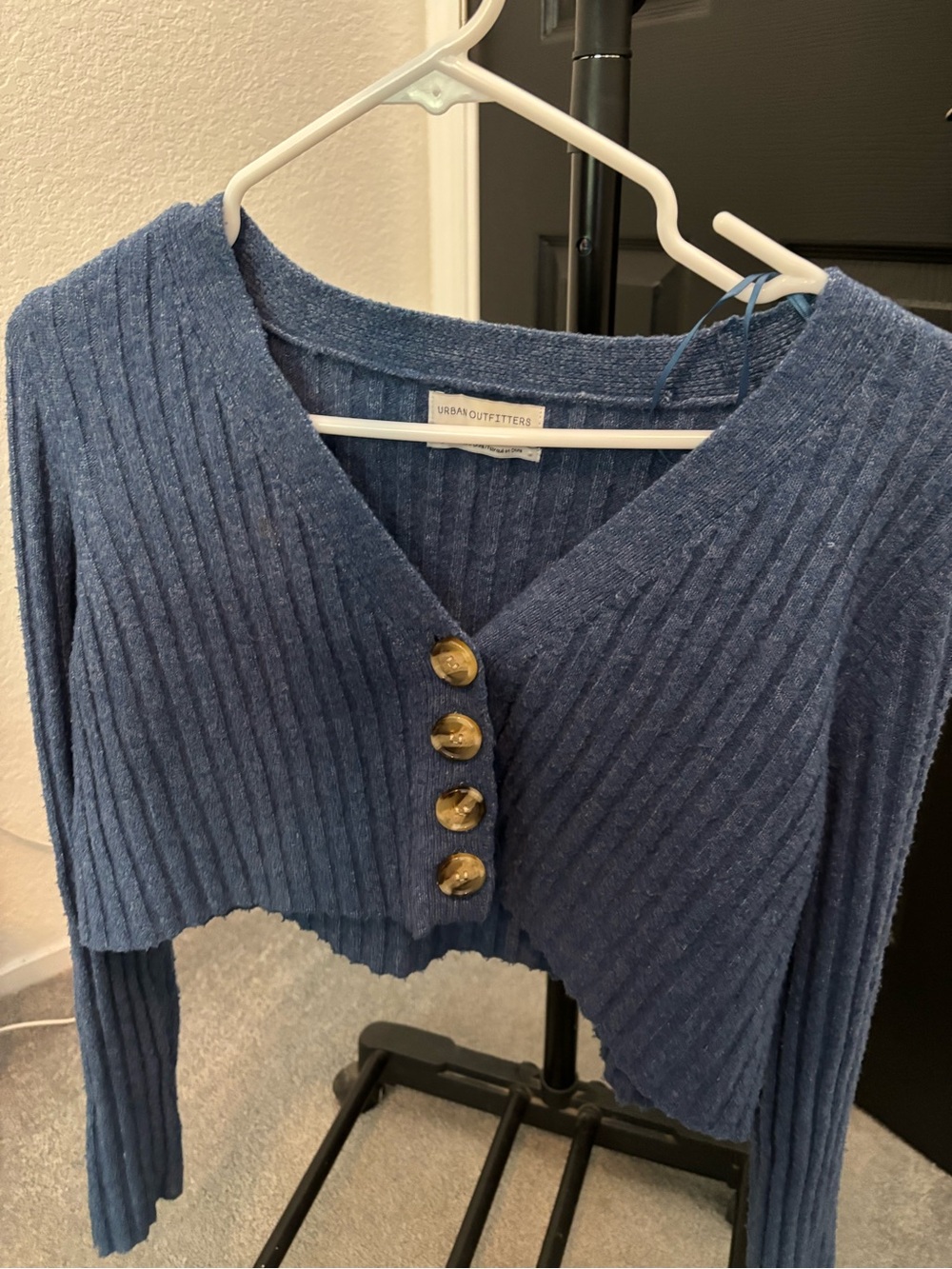 Urban Outfitters Denim-Blue Ribbed V-Neck Cropped Sweater with Brown Buttons